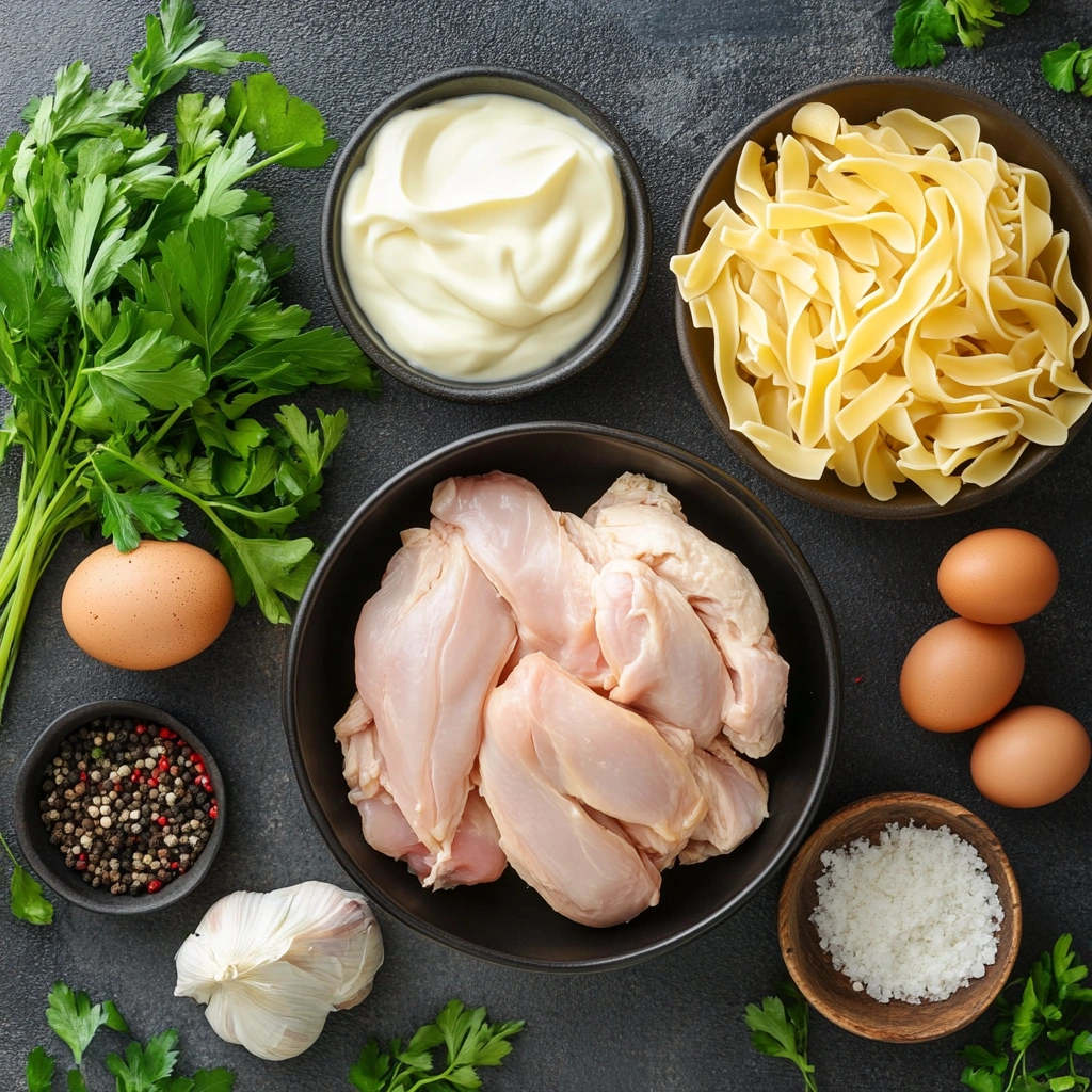 Crockpot chicken and noodles ingredients laid out