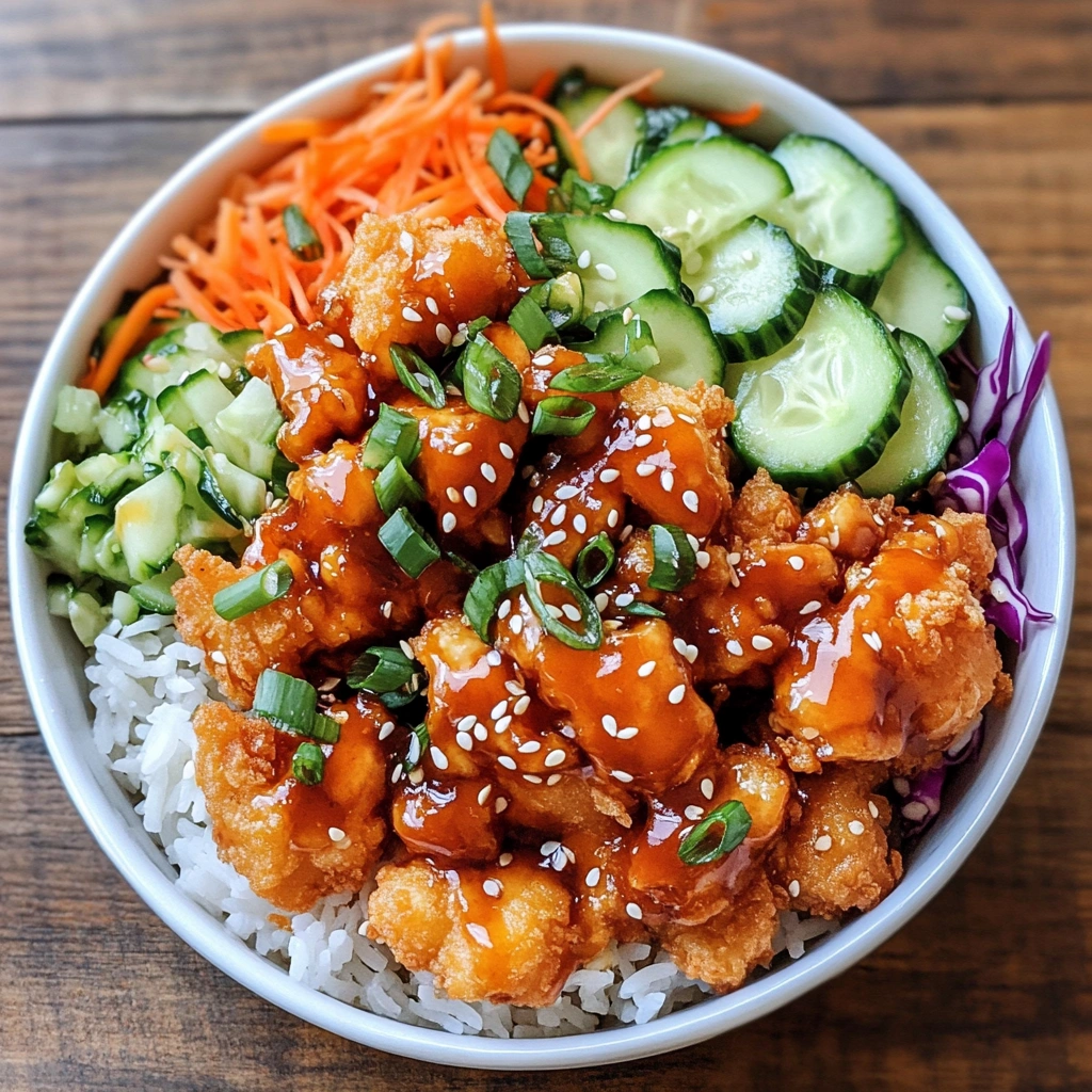Bang Bang Chicken Bowl with creamy sauce and fresh veggies