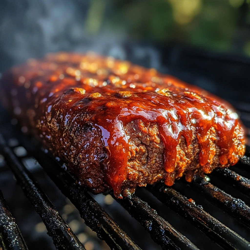 BBQ meatloaf recipe cooking on grill with glaze