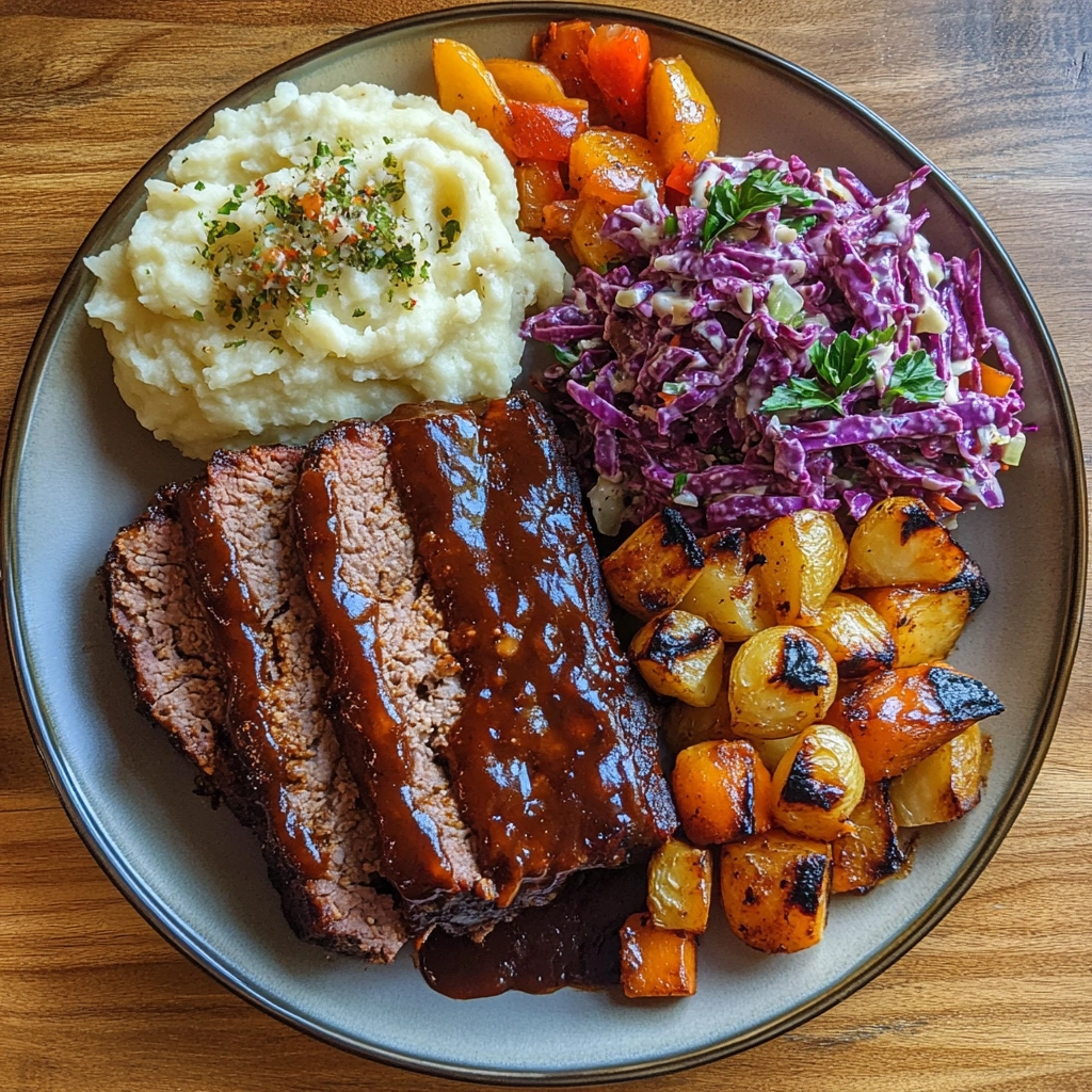 Serving BBQ meatloaf recipe with classic sides