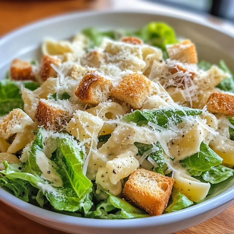 caesar pasta salad in a white bowl with lettuce and croutons