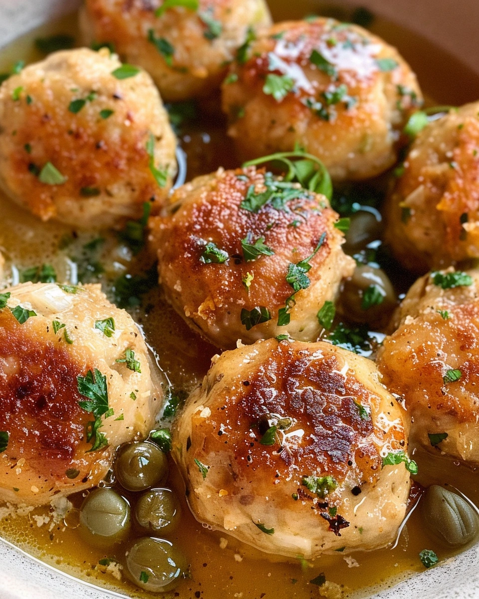 chicken piccata meatballs in skillet with lemon and capers