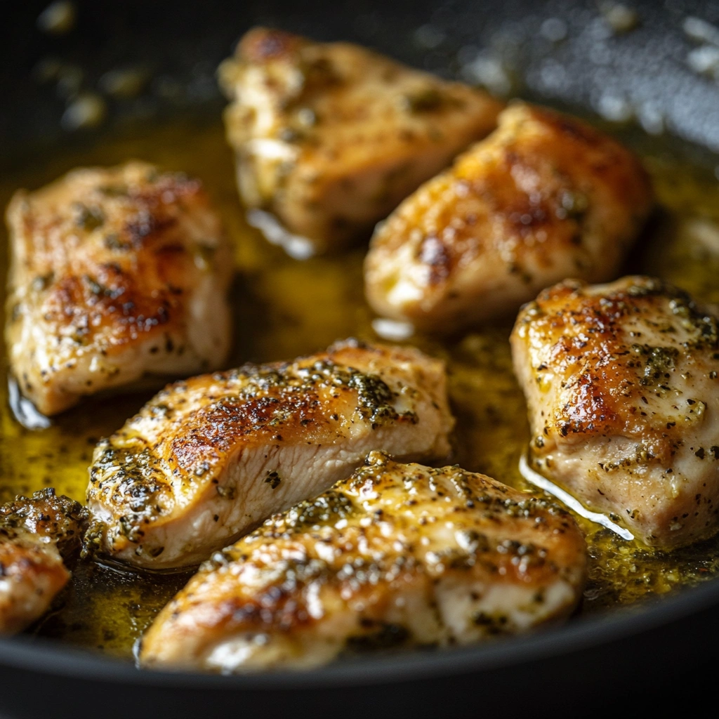 cooking creamy pesto chicken in skillet