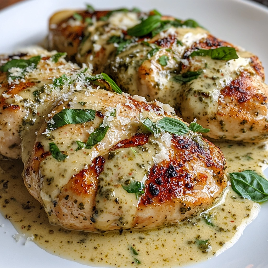 creamy pesto chicken recipe with creamy sauce and basil
