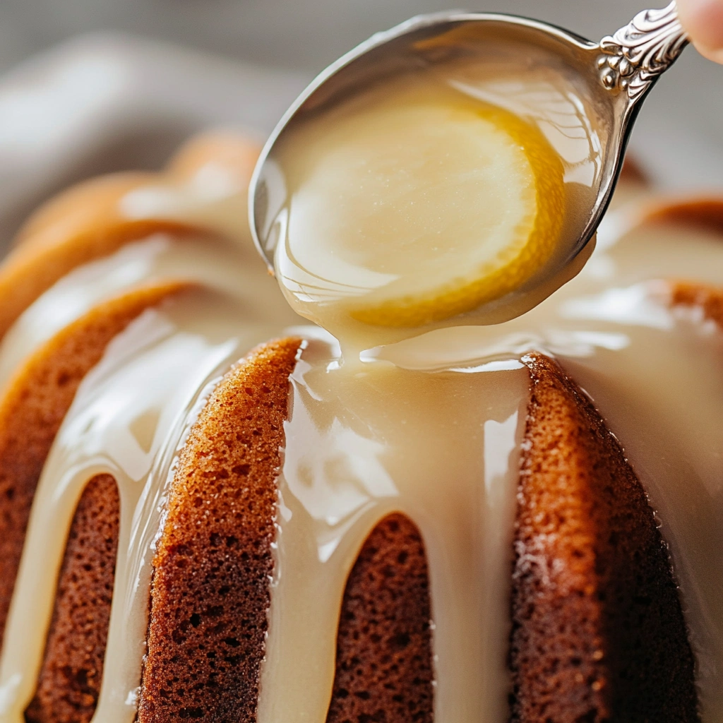 lemon glaze being added to a lemon bundt cake recipe