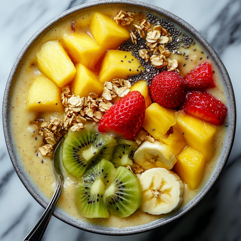 Spoon scooping a tropical smoothie bowl with fresh fruit toppings