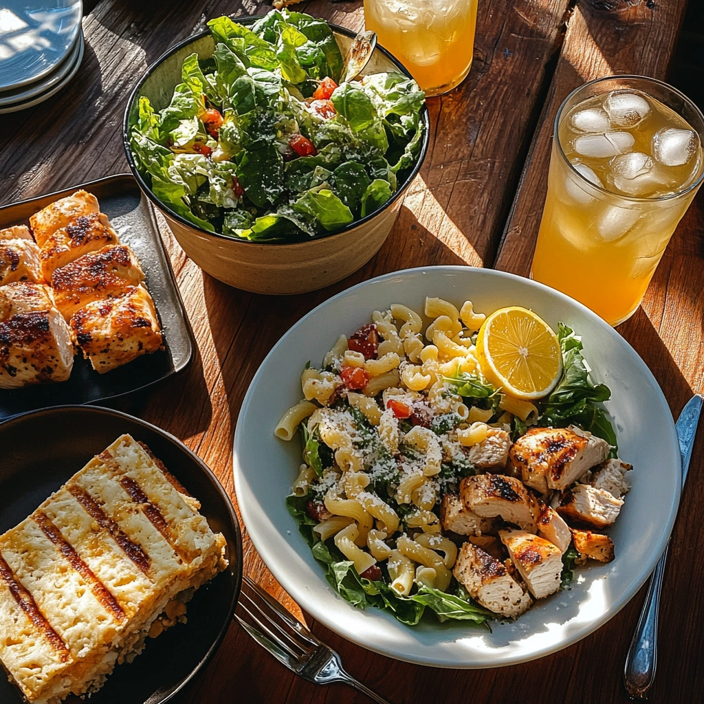 serving caesar pasta salad with grilled chicken