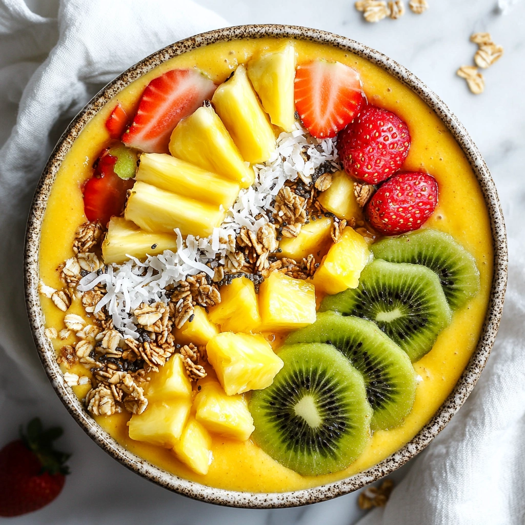 Tropical smoothie bowl with mango, pineapple, banana, kiwi, granola, and chia seeds