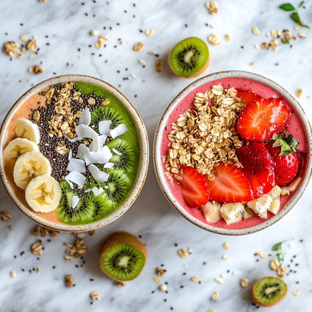 Two tropical smoothie bowls with fruit and granola toppings