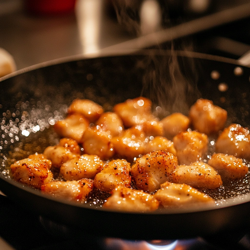 Pan-frying chicken for Bang Bang Chicken Bowl