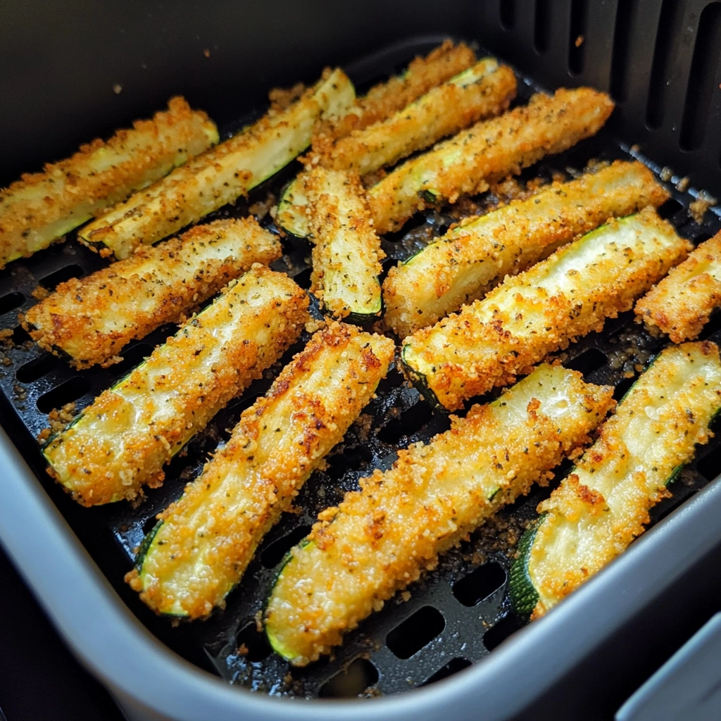 Zucchini fries cooking in air fryer basket