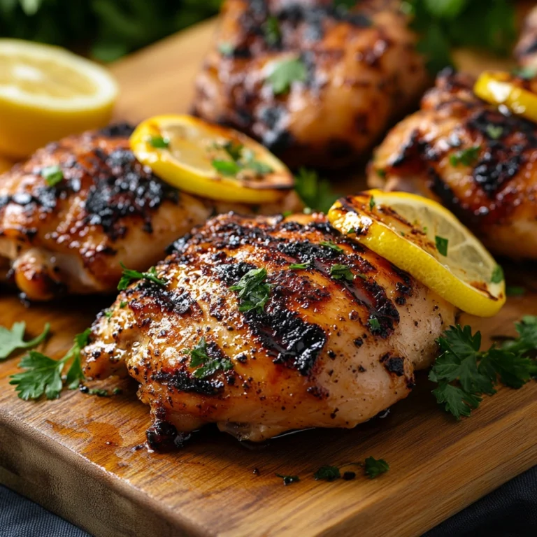 Grilled boneless chicken thighs on cutting board