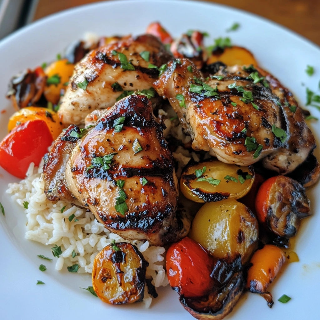 Serving grilled boneless chicken thighs with vegetables