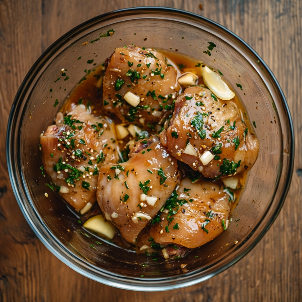 Marinating boneless chicken thighs with herbs