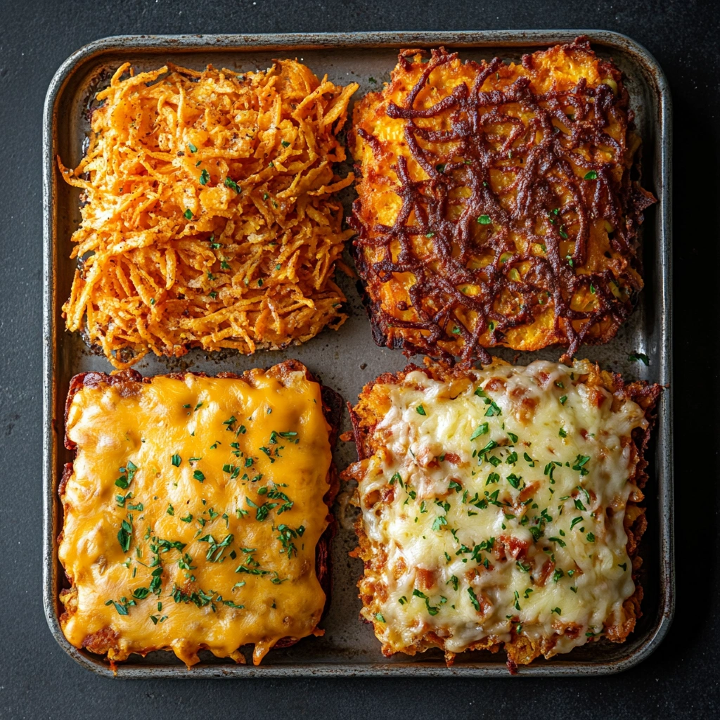 Four hash brown variations baked in oven