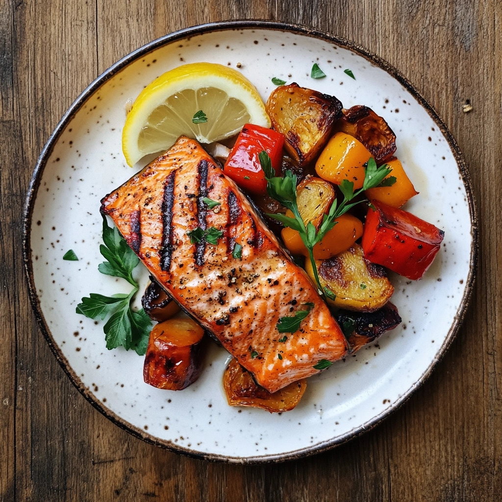 Serving sockeye salmon recipe with vegetables and lemon