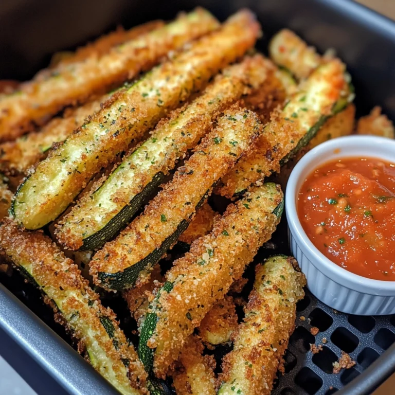 Crispy zucchini fries in air fryer with marinara dip