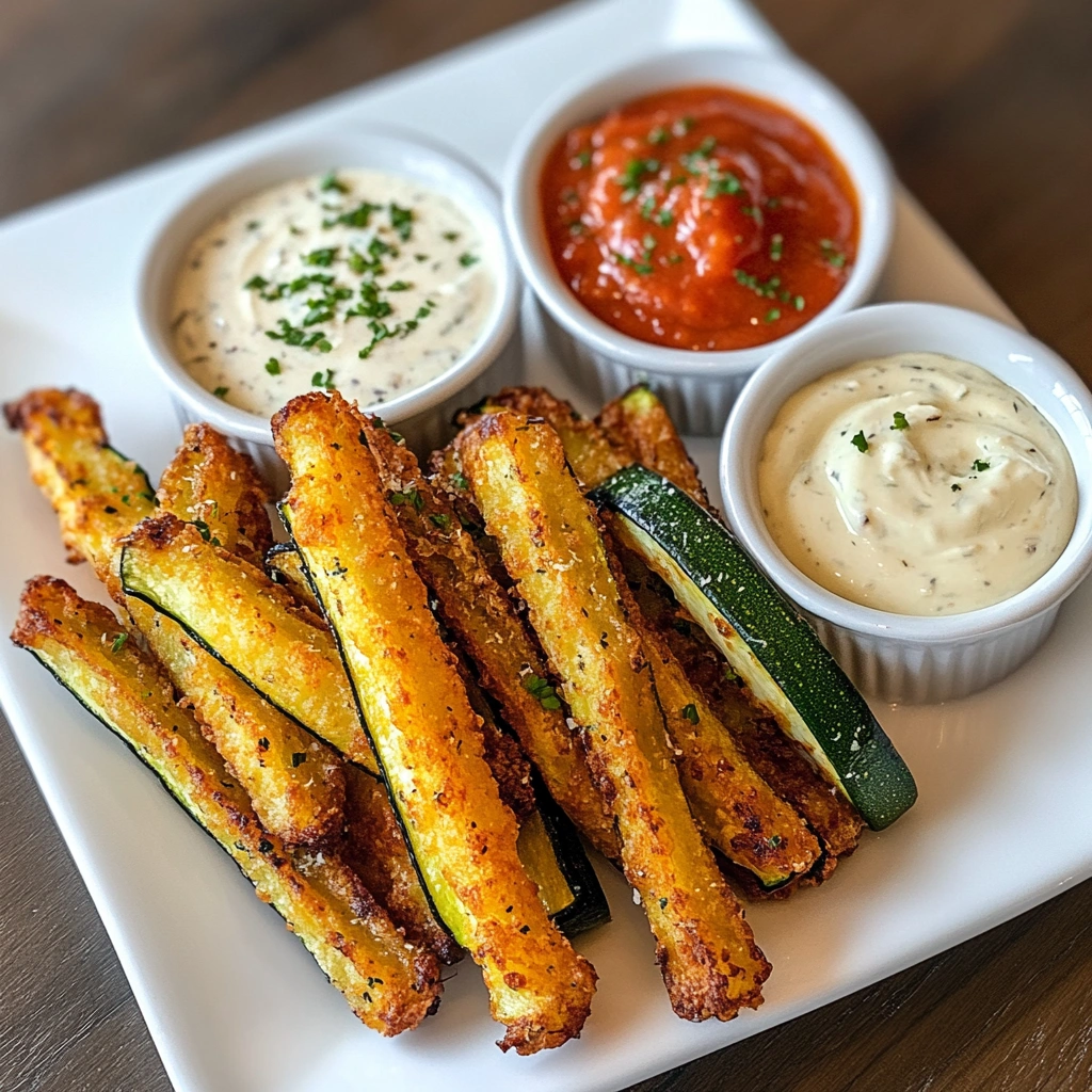 Zucchini fries in air fryer with dipping sauces