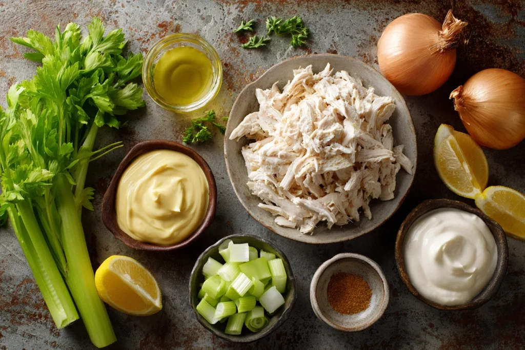 Chicken salad ingredients displayed on a wooden board.