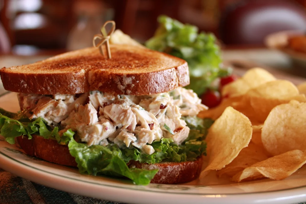 Chicken salad sandwich on toasted bread with lettuce