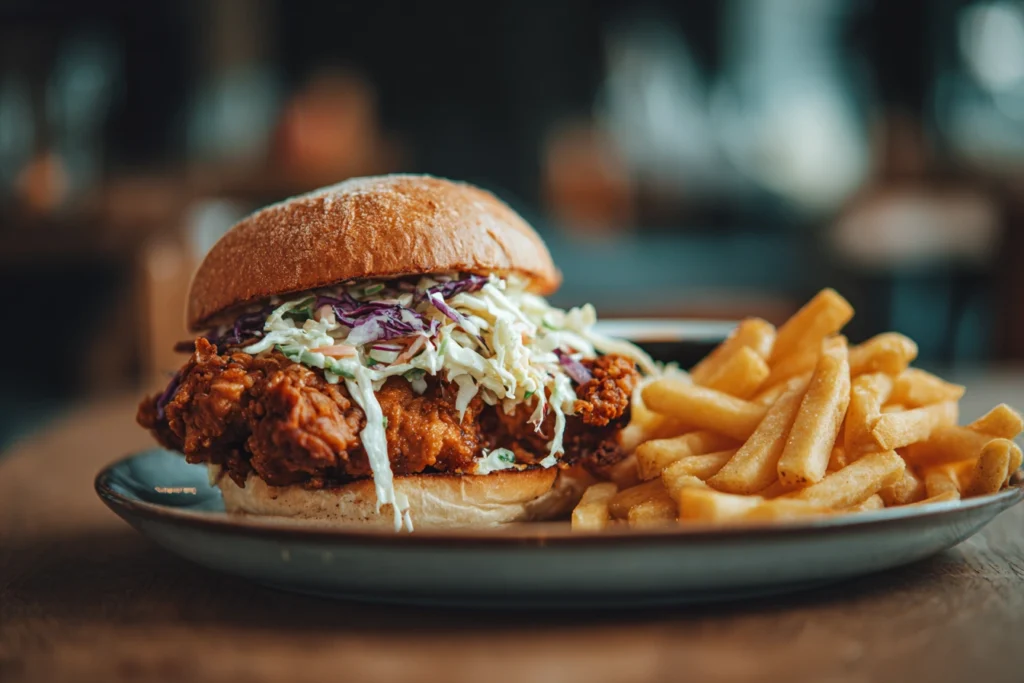 Crispy chicken sandwich served with fries and coleslaw