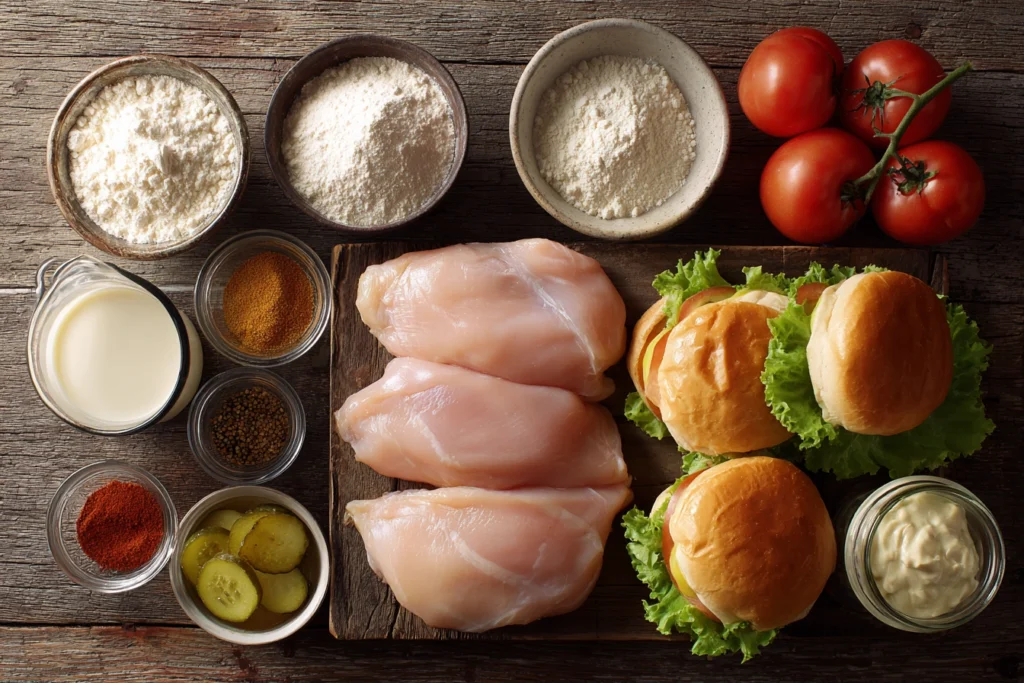 Flat lay of ingredients for making a crispy chicken sandwich at home