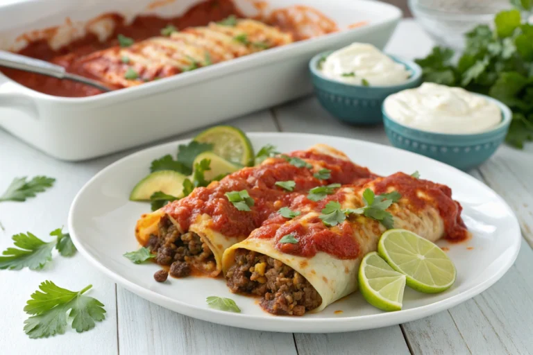 Ground beef enchiladas with red sauce topped with cheese and cilantro.