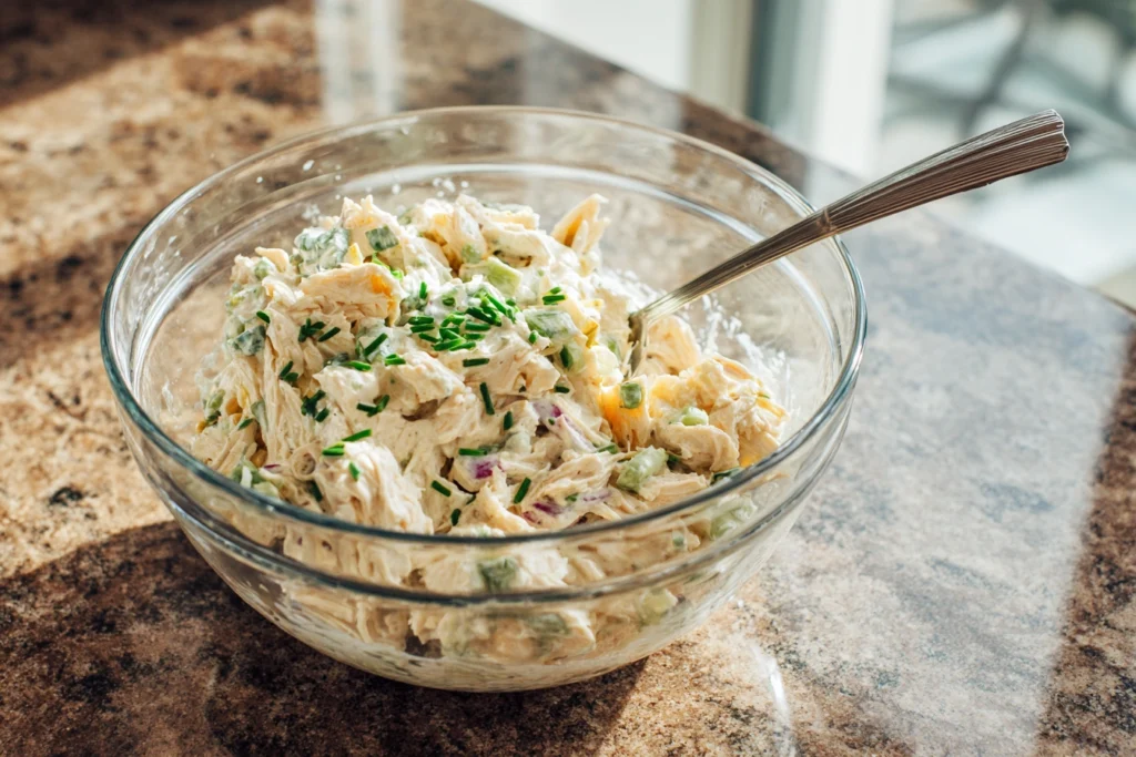 Mixing simple chicken salad recipe in a bowl