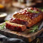 Best meatloaf recipe ever, sliced and glazed on a rustic table