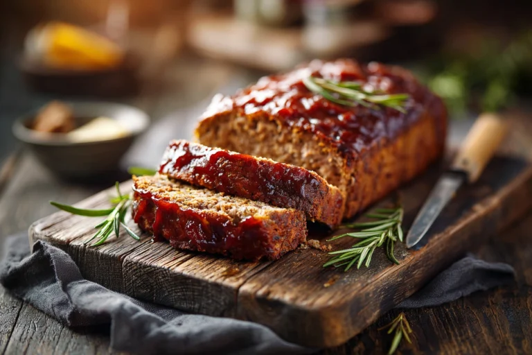 Best meatloaf recipe ever, sliced and glazed on a rustic table