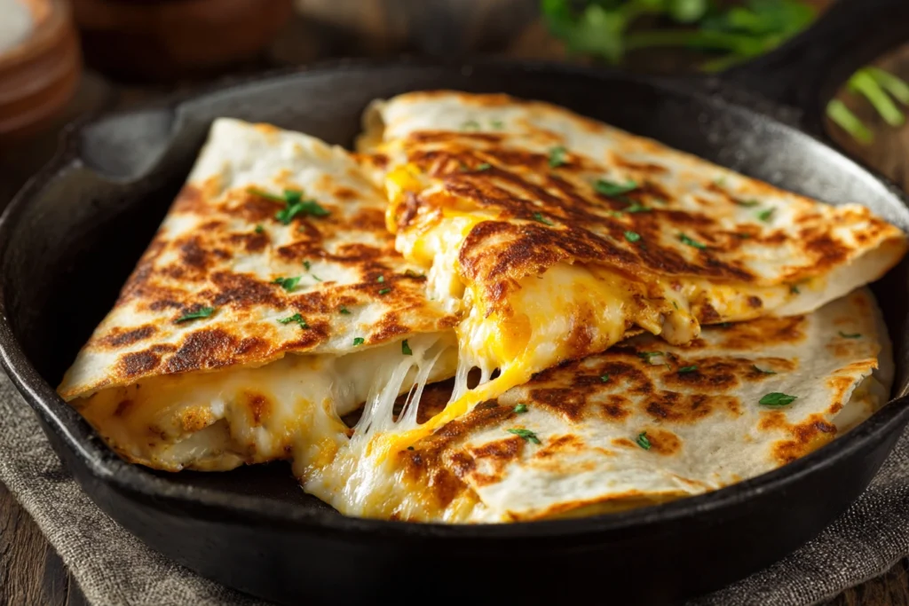 Chicken and cheese quesadilla cut in half with gooey melted cheese.