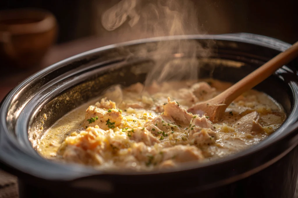 Chicken pot pie crock pot filling cooking in slow cooker.