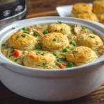 Chicken pot pie crock pot served in a bowl with biscuits.