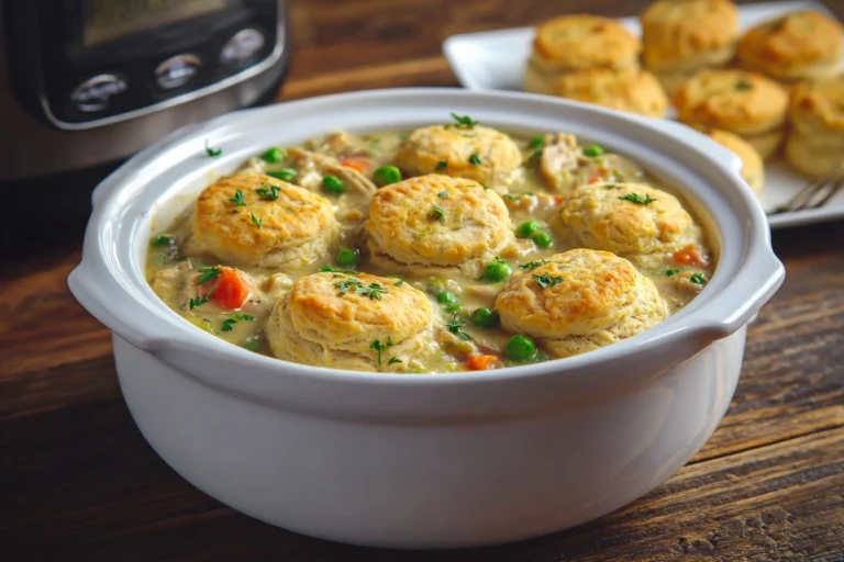 Chicken pot pie crock pot served in a bowl with biscuits.