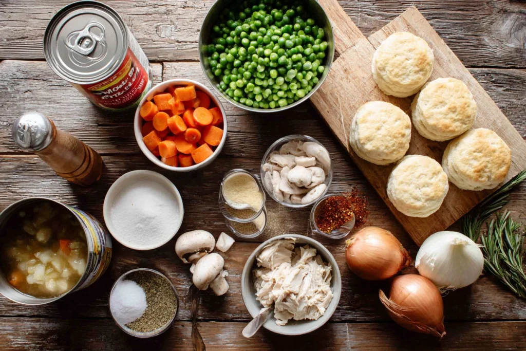 Ingredients for crock pot chicken pot pie on counter.