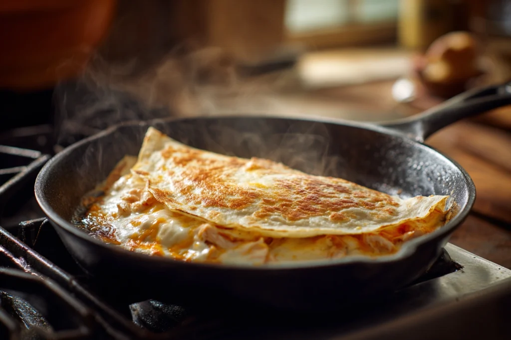 Chicken quesadilla cooking in a skillet step by step.