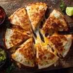 Golden crispy chicken quesadilla wedges with melted cheese and salsa.
