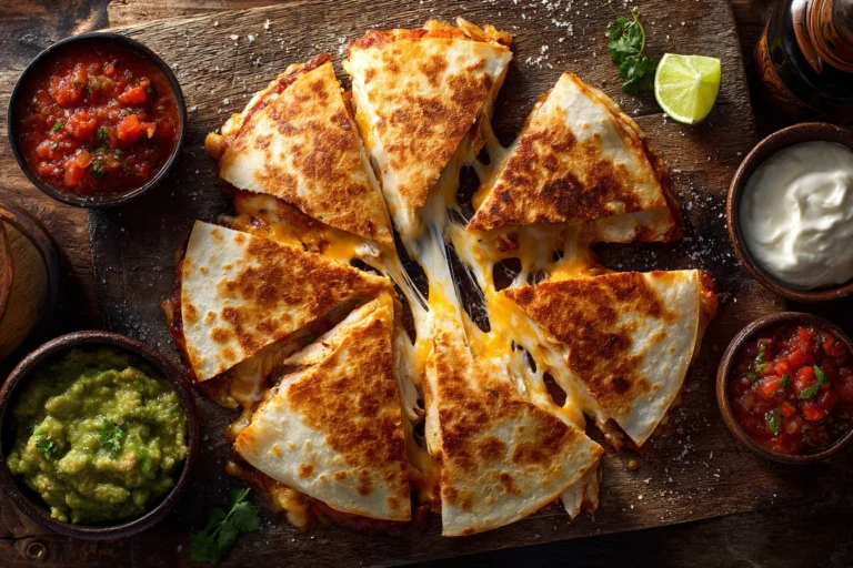 Golden crispy chicken quesadilla wedges with melted cheese and salsa.