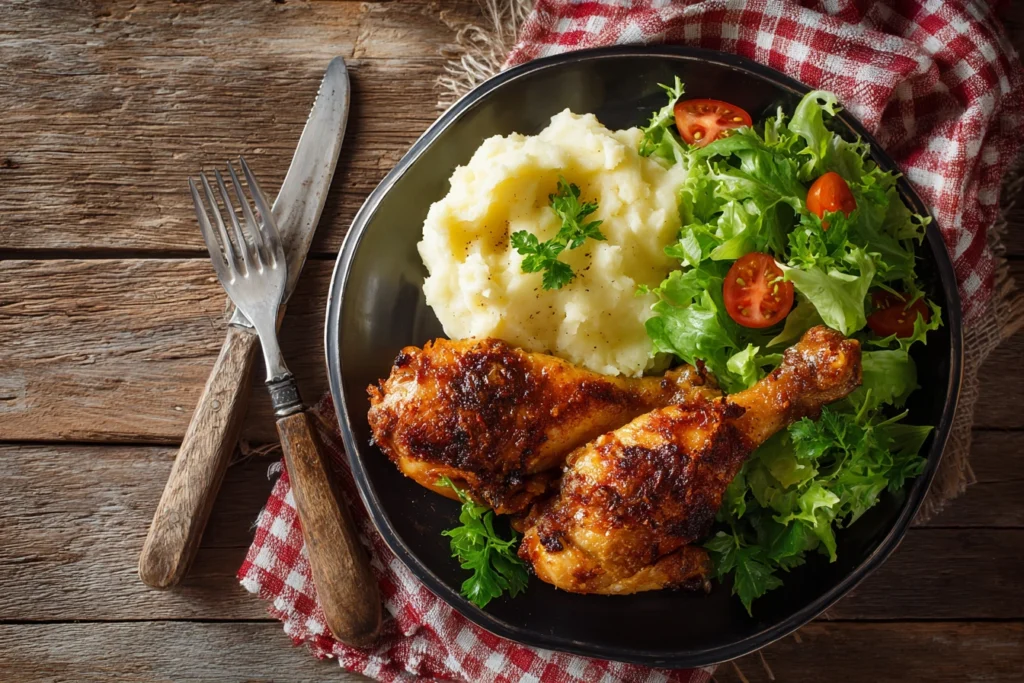 Crispy chicken legs served with mashed potatoes, salad, and fresh herbs.