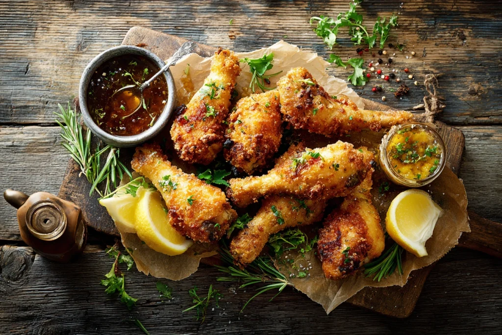 Crispy chicken legs baked in the oven with golden skin served with lemon wedges and sauce.