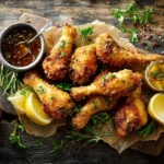 Crispy chicken legs baked in the oven with golden skin served with lemon wedges and sauce.