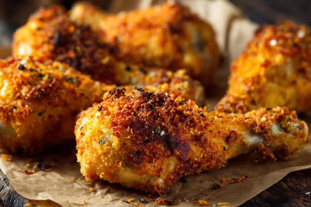 Crispy oven-baked chicken legs on a parchment-lined tray, golden brown and crunchy.