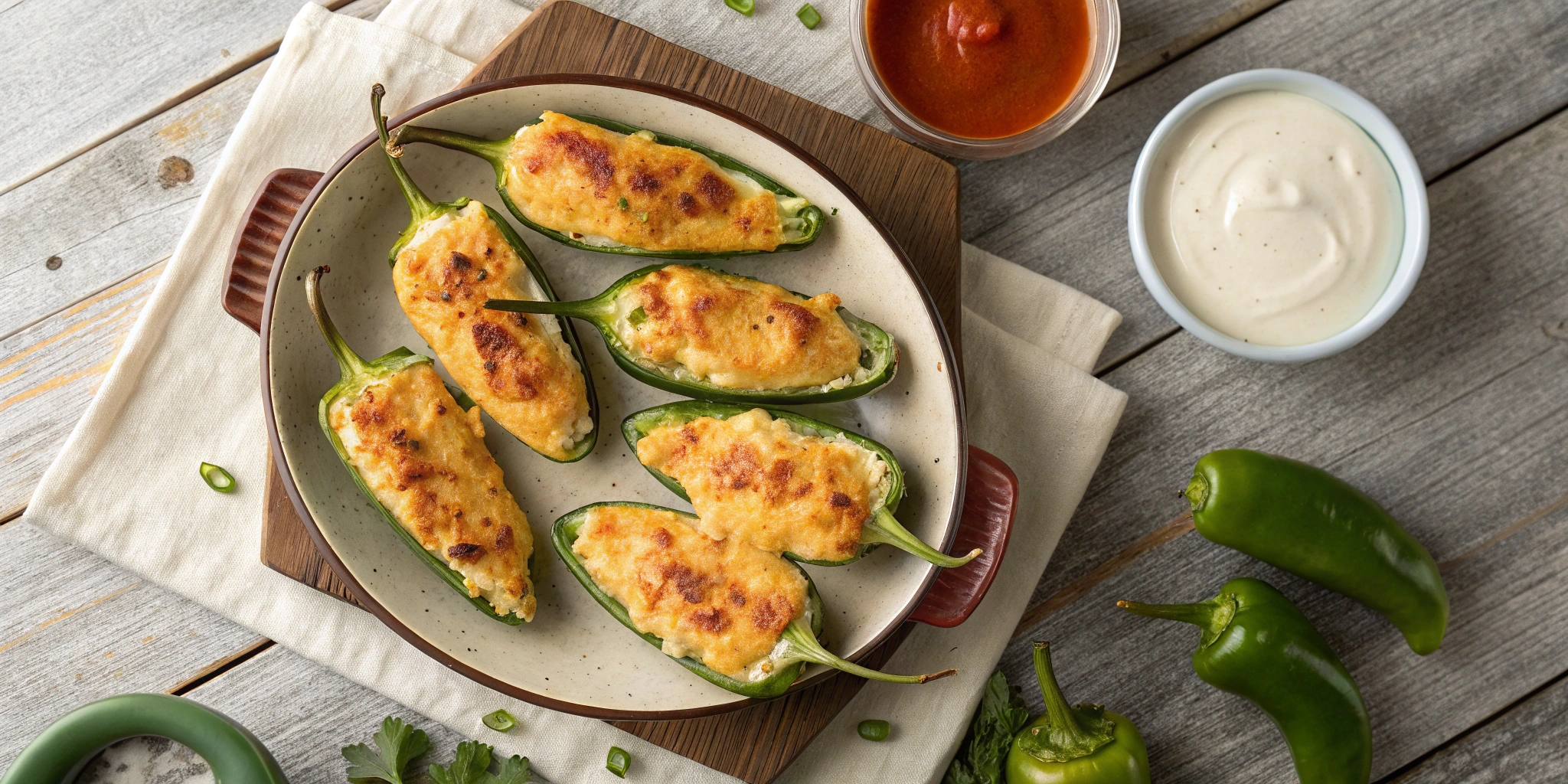 Jalapeno poppers with dipping sauces on wooden table