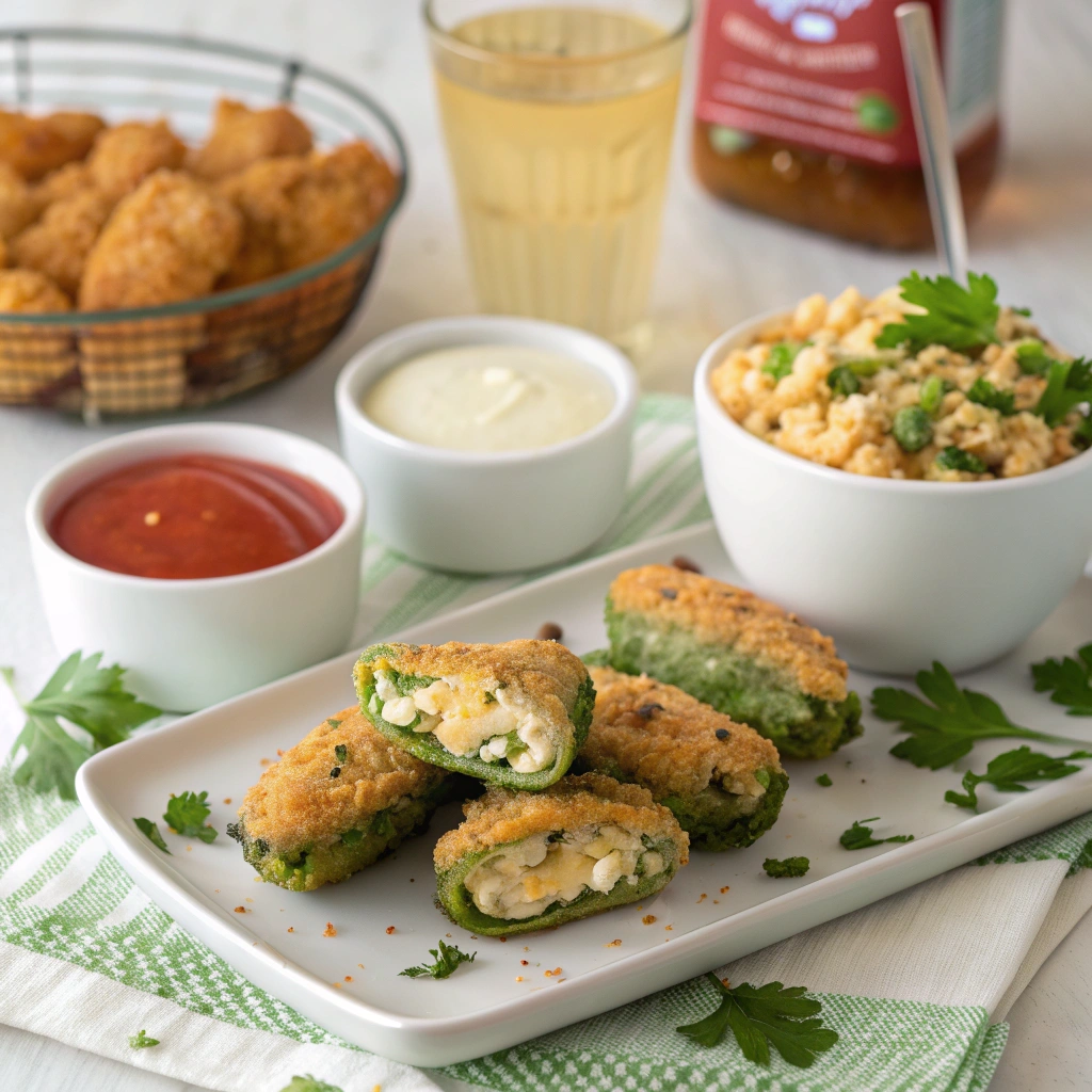 Jalapeno poppers served with dips on party platter