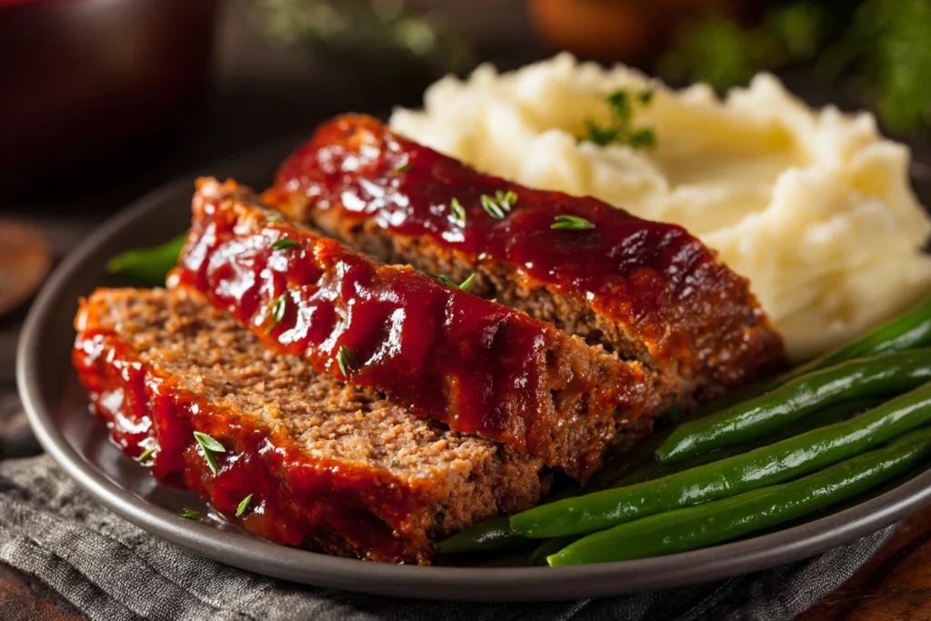 Juicy slice of meatloaf with mashed potatoes and green beans