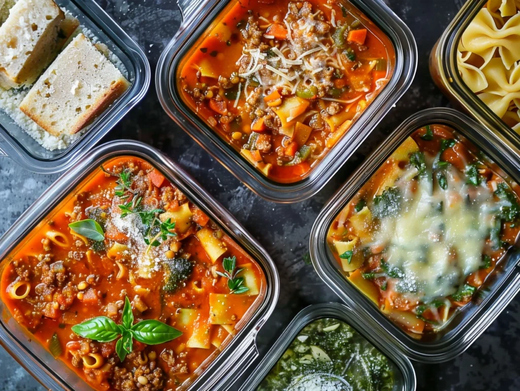 Lasagna soup stored in containers for fridge and freezer.