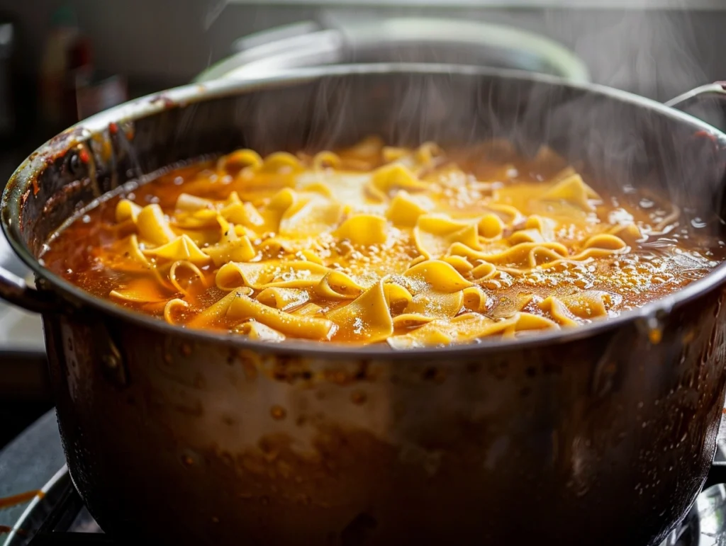 Pot of lasagna soup simmering with noodles.