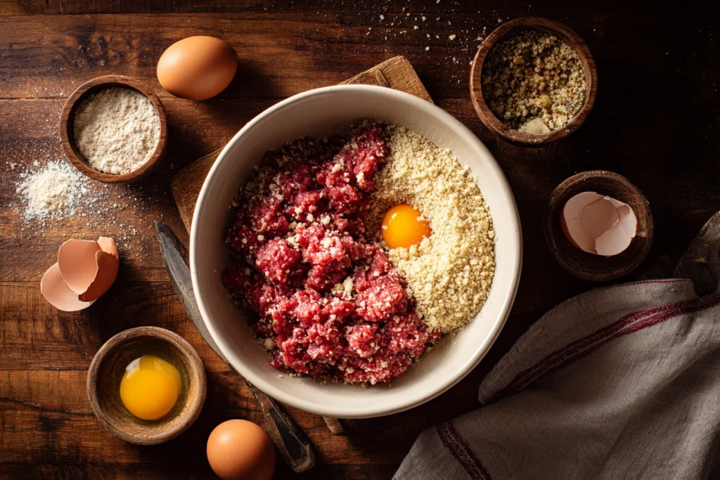 Meatloaf ingredients in a mixing bowl with breadcrumbs and eggs.
