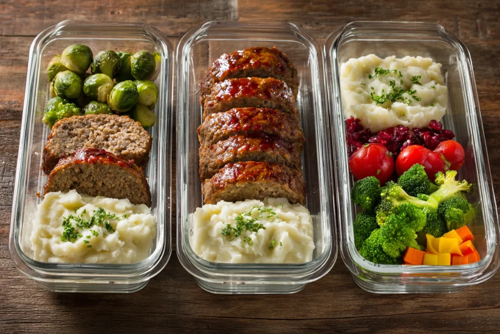 Sliced meatloaf in meal prep containers with sides