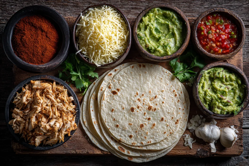 Ingredients for making chicken quesadilla arranged on a wooden board.
